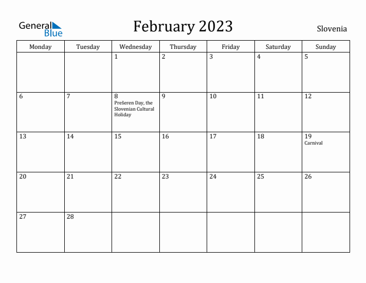 February 2023 Calendar Slovenia
