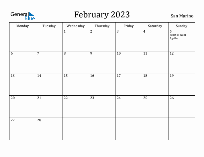 February 2023 Calendar San Marino
