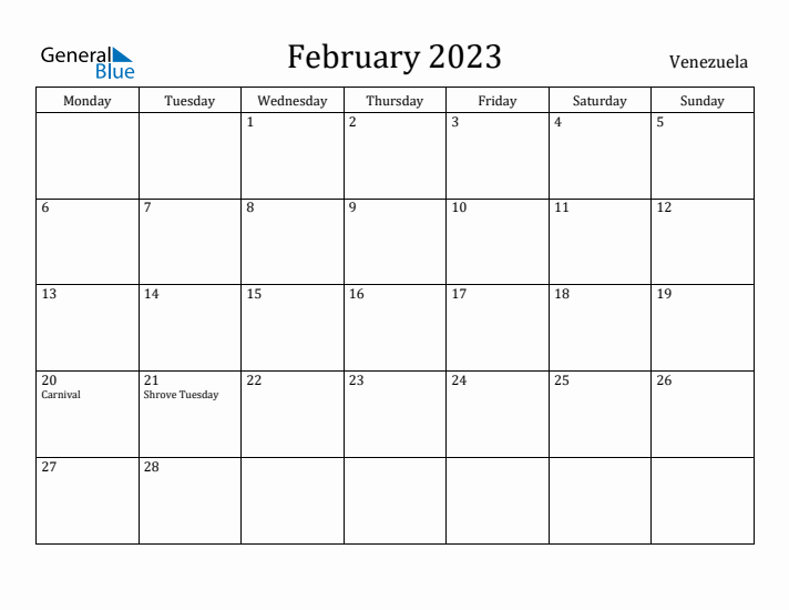 February 2023 Calendar Venezuela