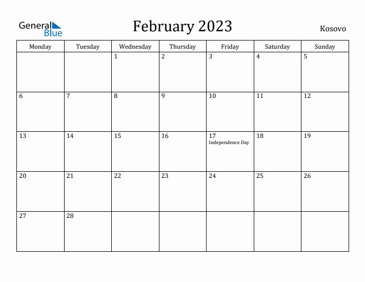 February 2023 Calendar Kosovo