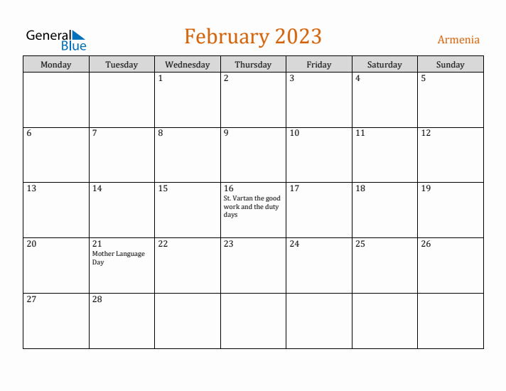 February 2023 Holiday Calendar with Monday Start