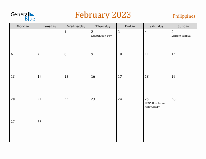 February 2023 Holiday Calendar with Monday Start