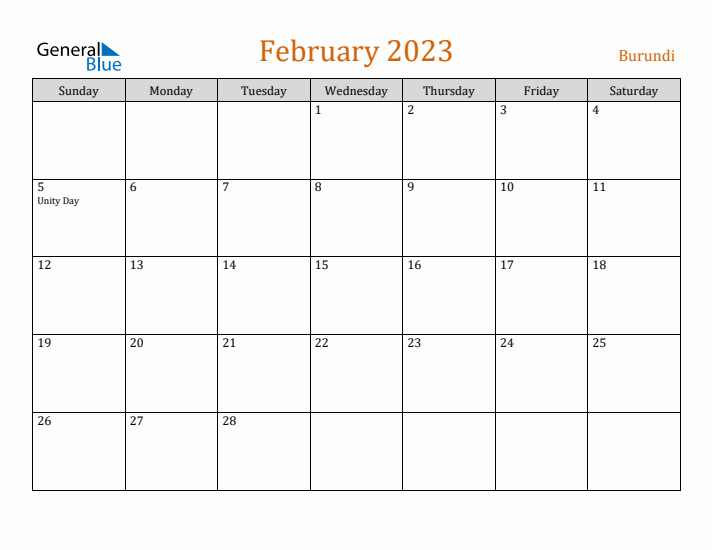 February 2023 Holiday Calendar with Sunday Start
