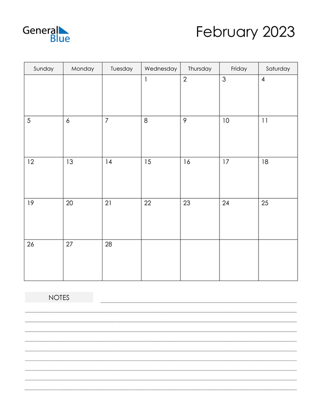  Printable Calendar with Notes - February 2023