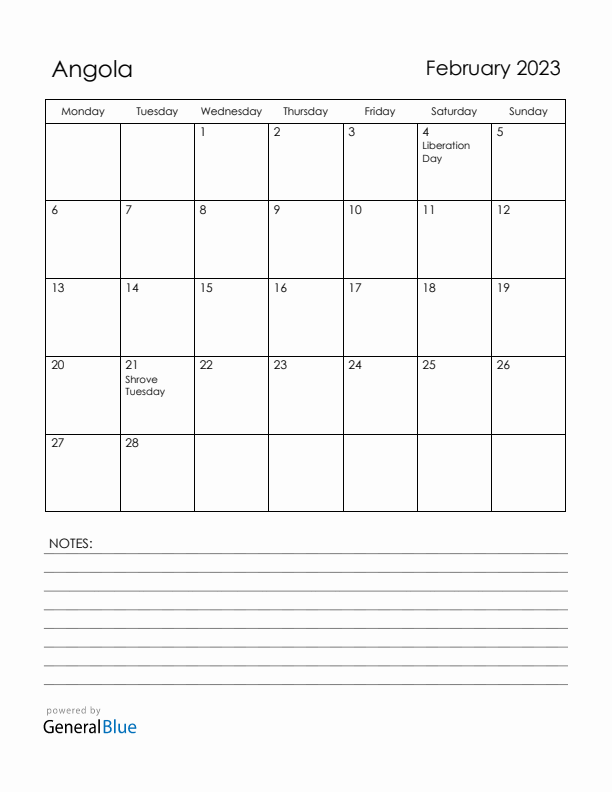 February 2023 Angola Calendar with Holidays (Monday Start)