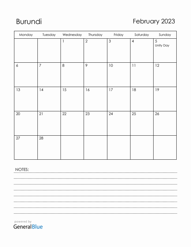 February 2023 Burundi Calendar with Holidays (Monday Start)