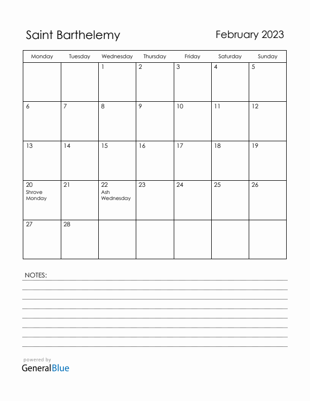 February 2023 Saint Barthelemy Calendar with Holidays (Monday Start)