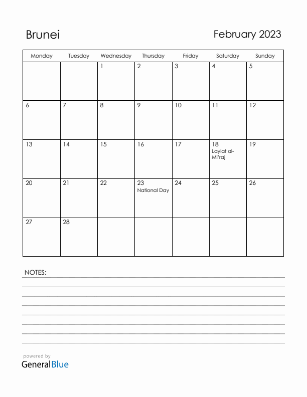 February 2023 Brunei Calendar with Holidays (Monday Start)