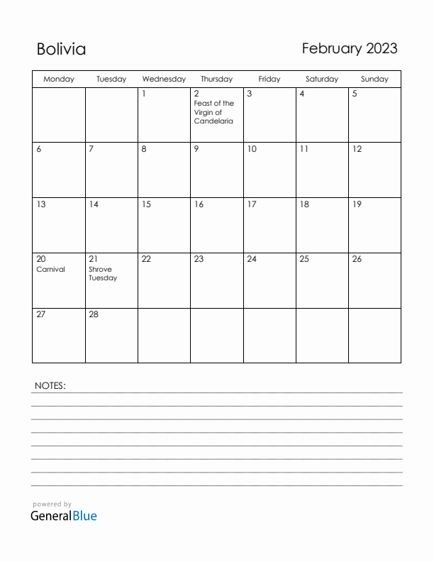 February 2023 Bolivia Calendar with Holidays (Monday Start)