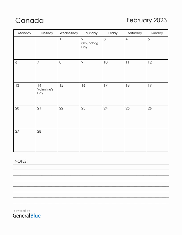 February 2023 Canada Calendar with Holidays (Monday Start)