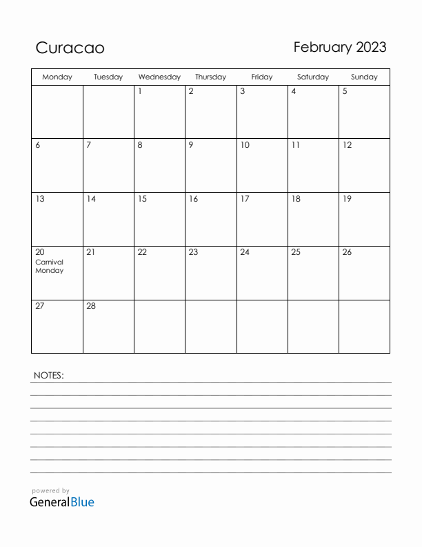 February 2023 Curacao Calendar with Holidays (Monday Start)