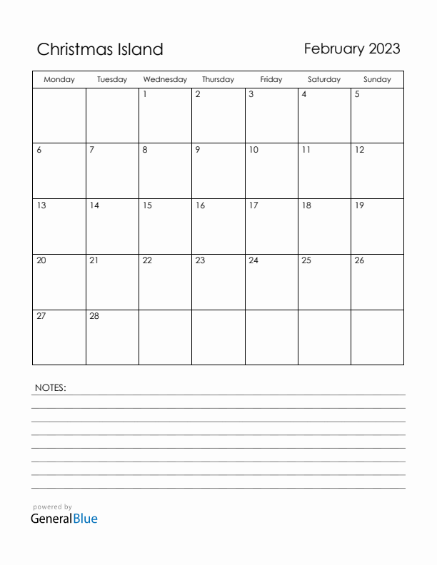 February 2023 Christmas Island Calendar with Holidays (Monday Start)
