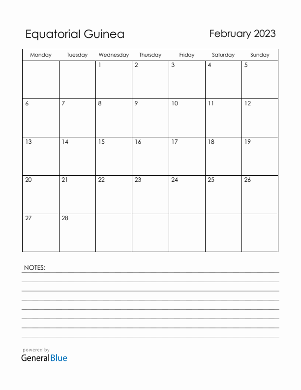 February 2023 Equatorial Guinea Calendar with Holidays (Monday Start)