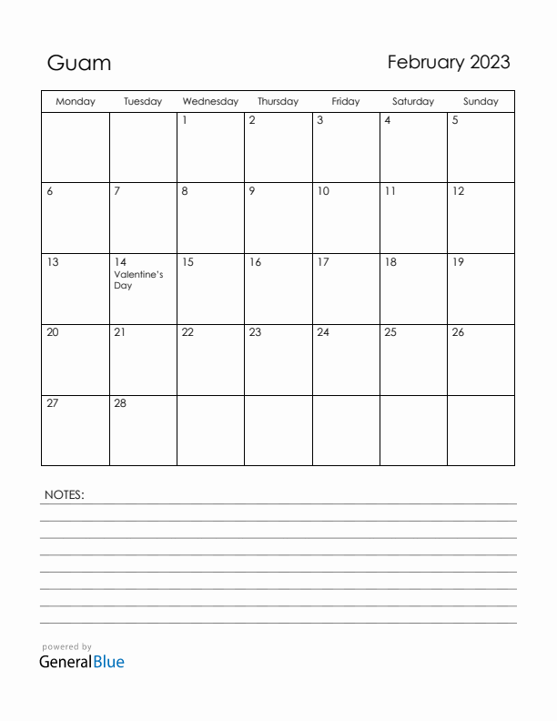 February 2023 Guam Calendar with Holidays (Monday Start)