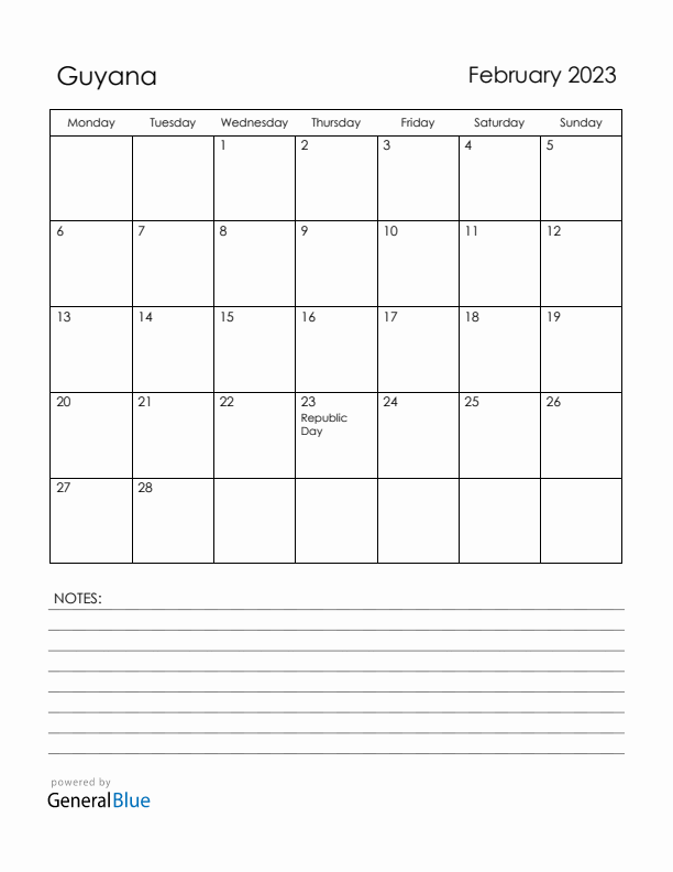 February 2023 Guyana Calendar with Holidays (Monday Start)