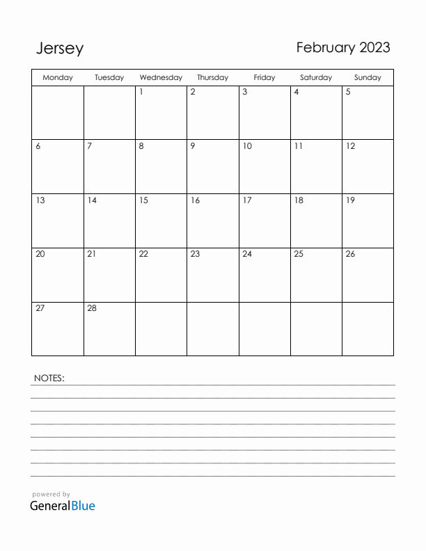 February 2023 Jersey Calendar with Holidays (Monday Start)