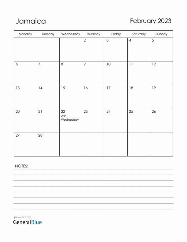 February 2023 Jamaica Calendar with Holidays (Monday Start)