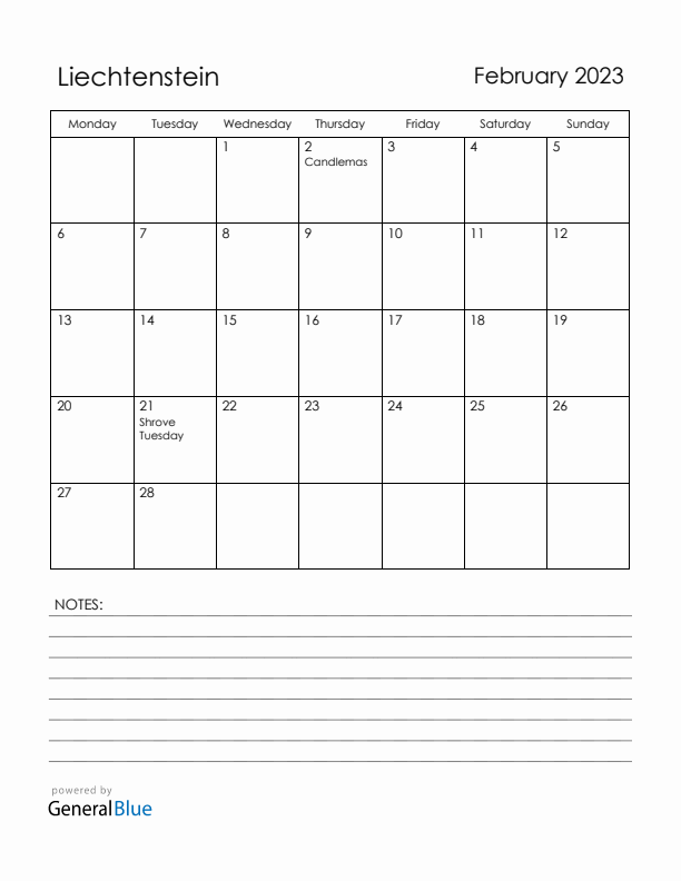 February 2023 Liechtenstein Calendar with Holidays (Monday Start)