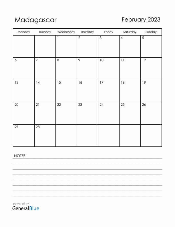 February 2023 Madagascar Calendar with Holidays (Monday Start)