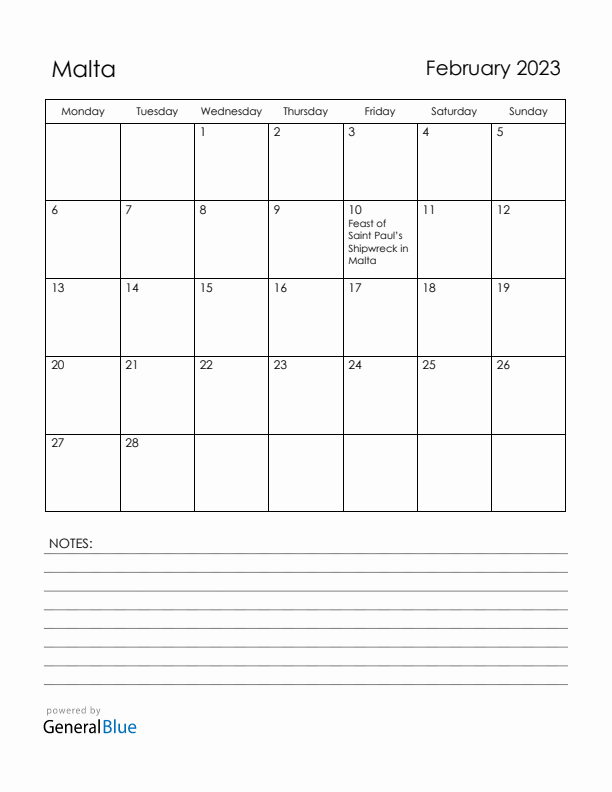 February 2023 Malta Calendar with Holidays (Monday Start)