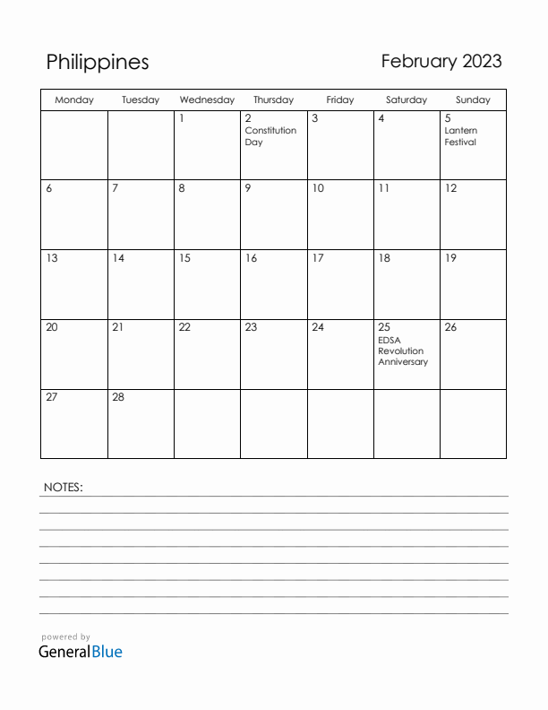 February 2023 Philippines Calendar with Holidays (Monday Start)
