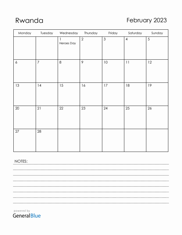 February 2023 Rwanda Calendar with Holidays (Monday Start)