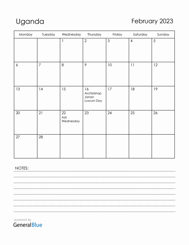 February 2023 Uganda Calendar with Holidays (Monday Start)