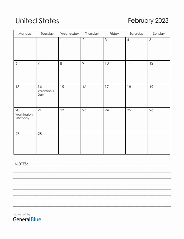 February 2023 United States Calendar with Holidays (Monday Start)