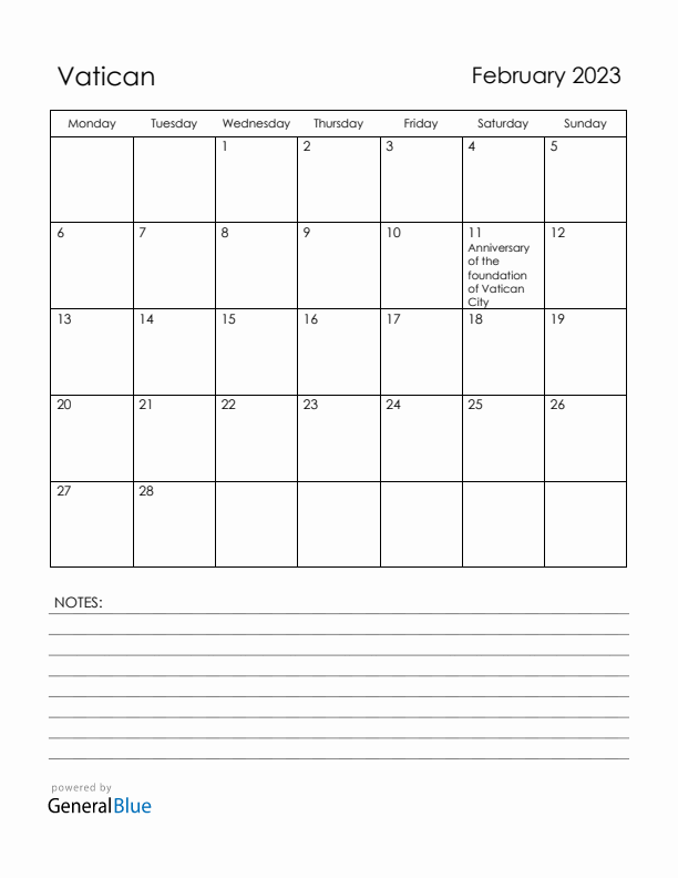 February 2023 Vatican Calendar with Holidays (Monday Start)