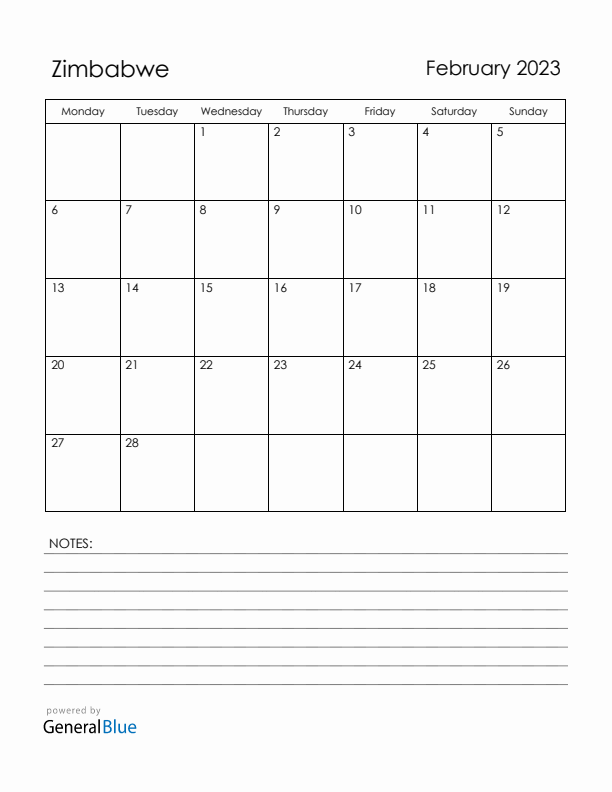 February 2023 Zimbabwe Calendar with Holidays (Monday Start)