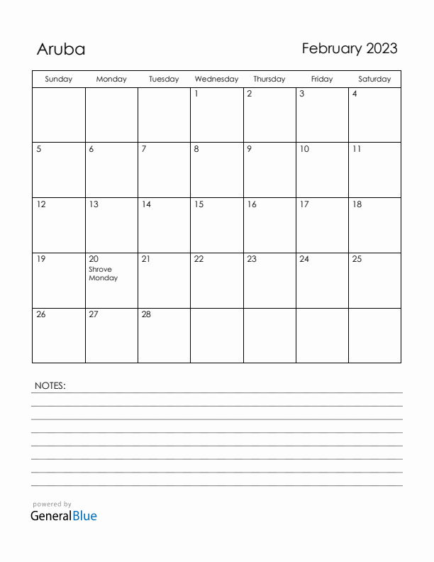 February 2023 Aruba Calendar with Holidays (Sunday Start)