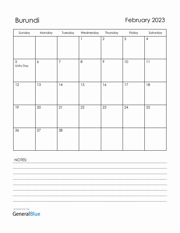 February 2023 Burundi Calendar with Holidays (Sunday Start)