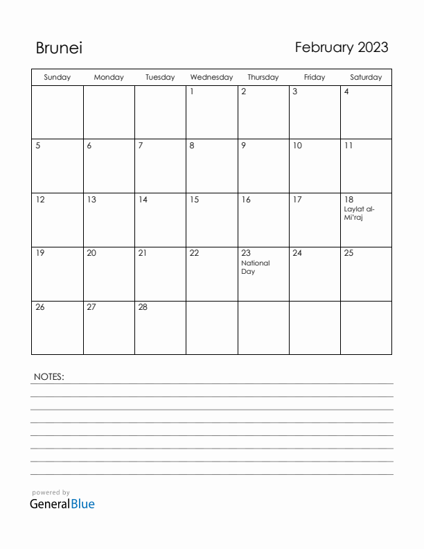 February 2023 Brunei Calendar with Holidays (Sunday Start)