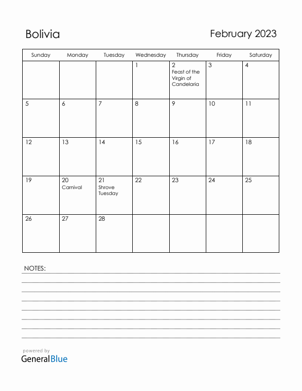 February 2023 Bolivia Calendar with Holidays (Sunday Start)