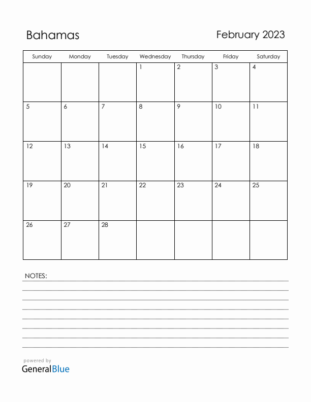 February 2023 Bahamas Calendar with Holidays (Sunday Start)