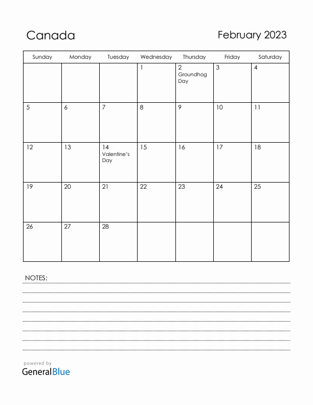 February 2023 Canada Calendar with Holidays (Sunday Start)