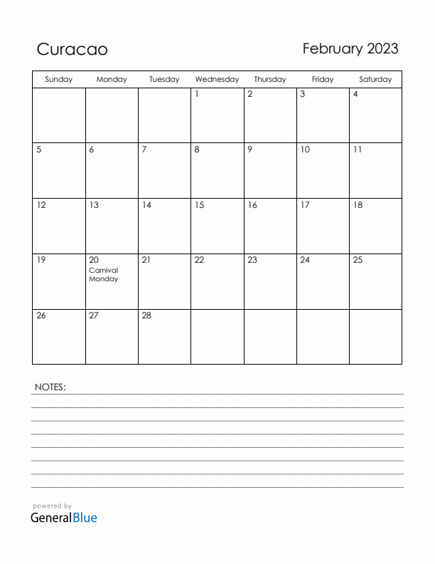 February 2023 Curacao Calendar with Holidays (Sunday Start)