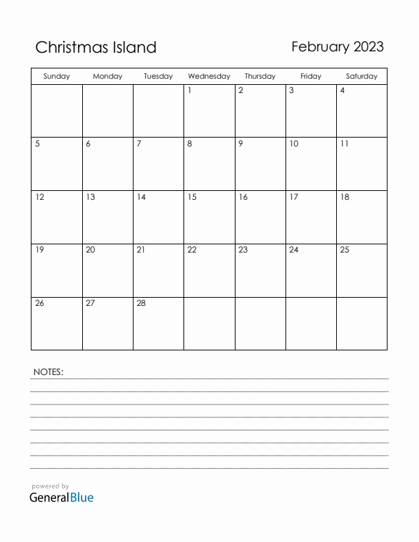 February 2023 Christmas Island Calendar with Holidays (Sunday Start)