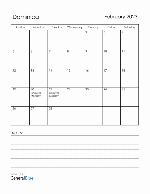 February 2023 Dominica Calendar with Holidays (Sunday Start)