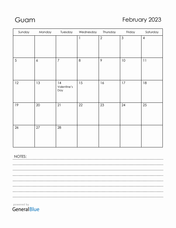 February 2023 Guam Calendar with Holidays (Sunday Start)