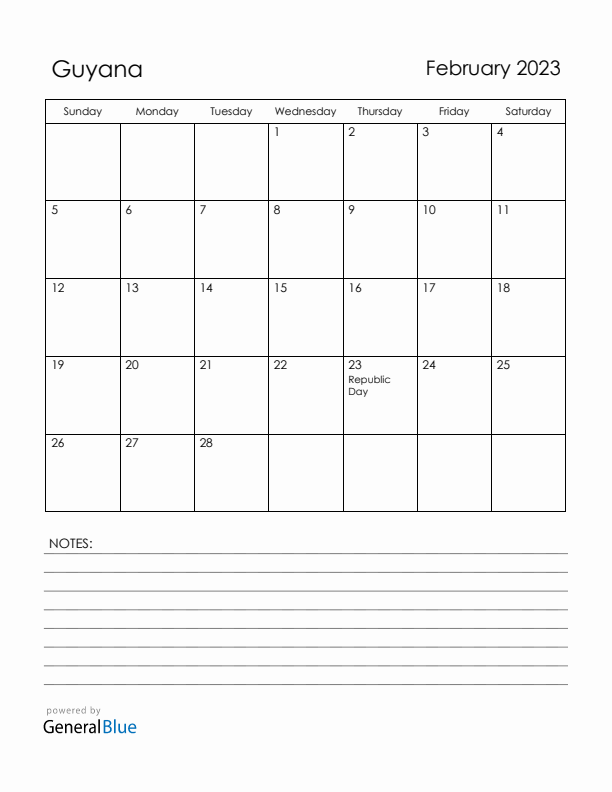 February 2023 Guyana Calendar with Holidays (Sunday Start)