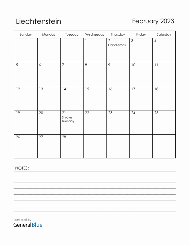 February 2023 Liechtenstein Calendar with Holidays (Sunday Start)