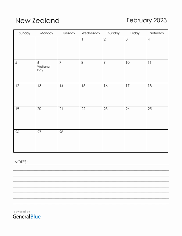 February 2023 New Zealand Calendar with Holidays (Sunday Start)