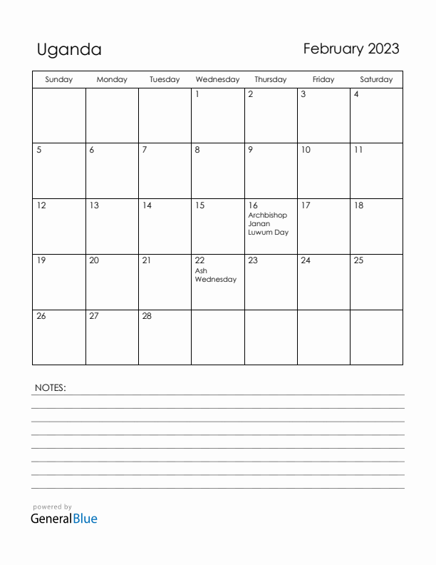 February 2023 Uganda Calendar with Holidays (Sunday Start)