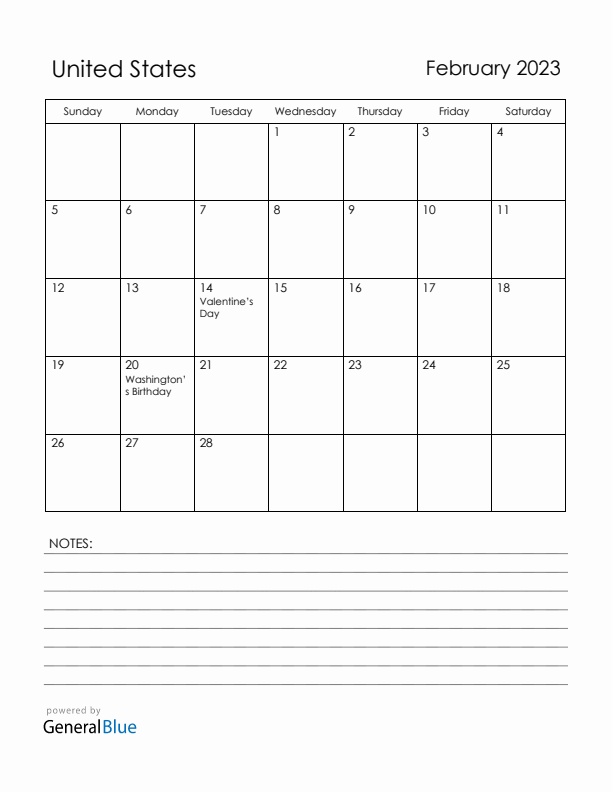 February 2023 United States Calendar with Holidays (Sunday Start)