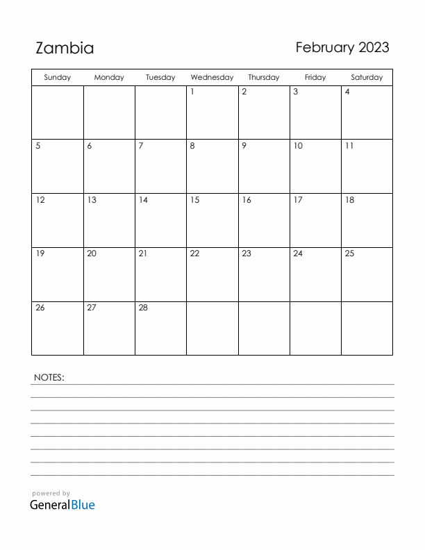 February 2023 Zambia Calendar with Holidays (Sunday Start)