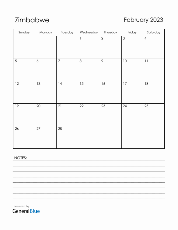 February 2023 Zimbabwe Calendar with Holidays (Sunday Start)