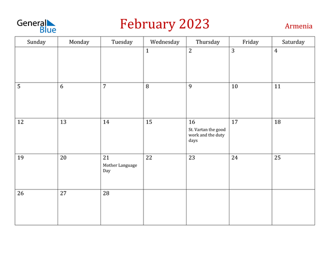 Armenia February 2023 Calendar