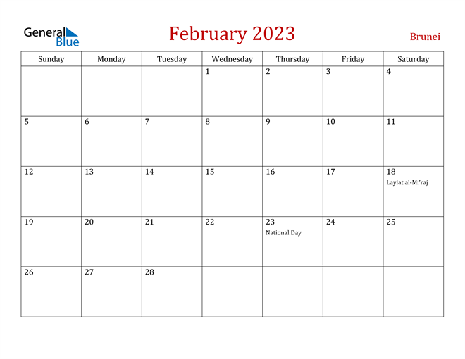 2023 Calendar With Holidays Brunei February 2023 Calendar With Brunei Holidays