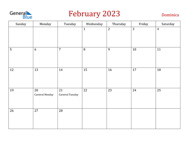 Dominica February 2023 Calendar